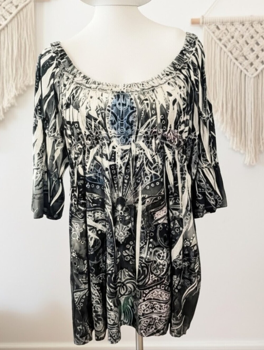 816 One World "Live and Let Live" Boho Embellished Tunic Top